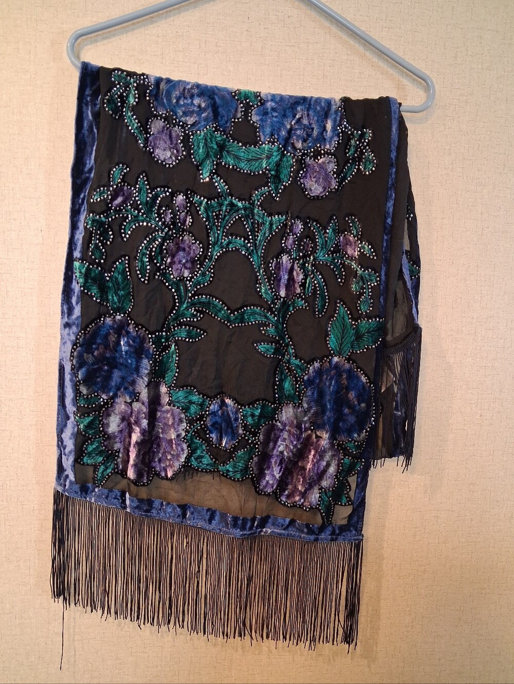 INC International Concepts Black Velvet Floral Fringe Shawl Scarf